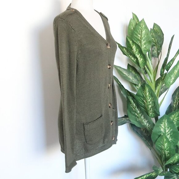 Talbots Military Green 100% Cotton Knit Tortoise Button Sweater Cardigan M - Picture 4 of 11